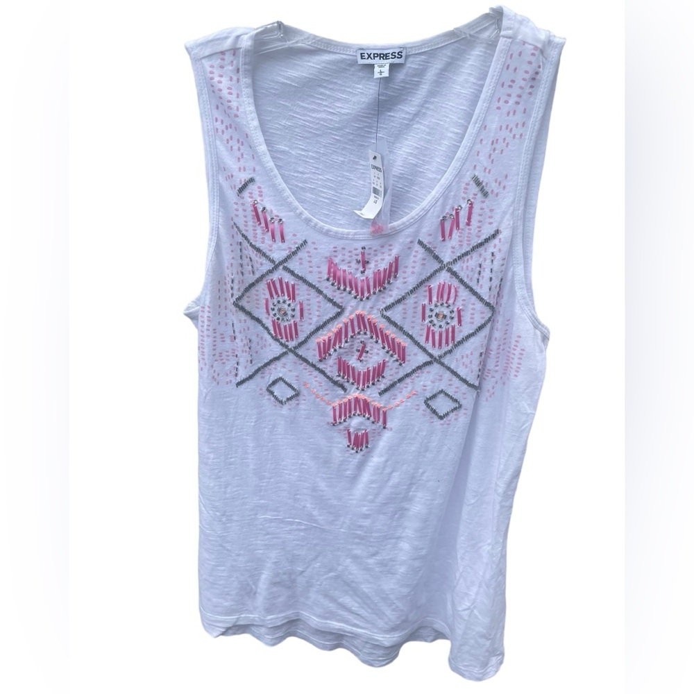 Express White Sleeveless with screen print with embellishments